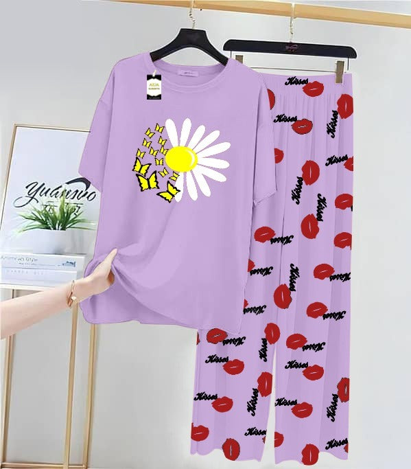 Purple Sunflower Printed Nightwear Set With Kiss Printed Trousers – Women's Lounge Wear (014)