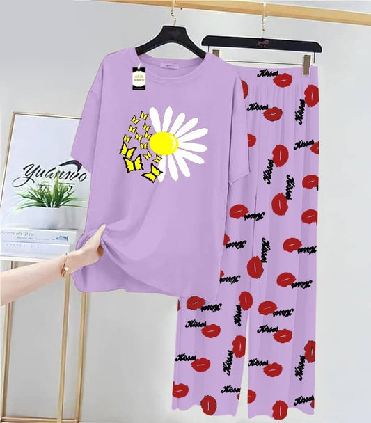 Purple Sunflower Printed Nightwear Set With Kiss Printed Trousers – Women's Lounge Wear (014)