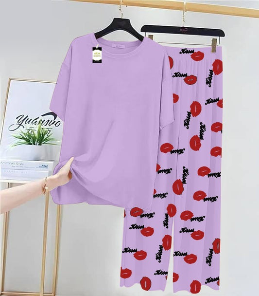 Plan Purple Printed Nightwear Set With Kiss Printed Trousers – Women's Lounge Wear (014)