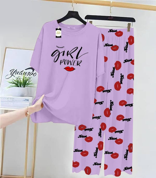 Purple Girls Power Printed Nightwear Set With Kiss Printed Trousers – Women's Lounge Wear (014)