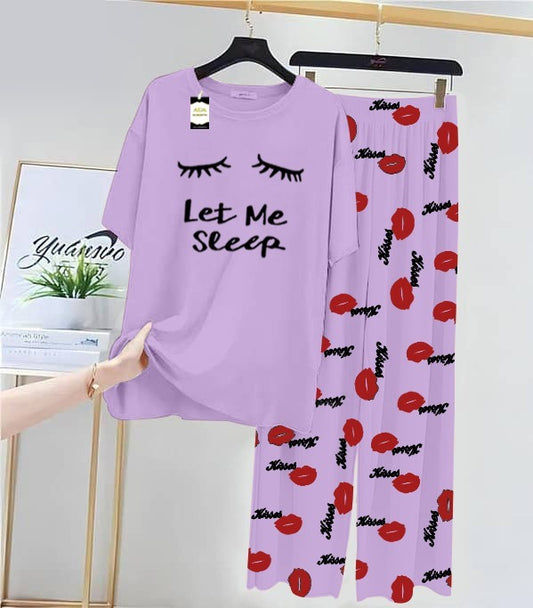 Purple Let Me Sleep Printed Nightwear Set With Kiss Printed Trousers – Women's Lounge Wear (014)