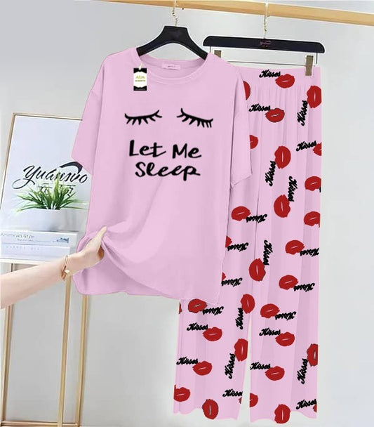 bay pink Let Me Sleep Printed Nightwear Set With Kiss Printed Trousers – Women's Lounge Wear (014)