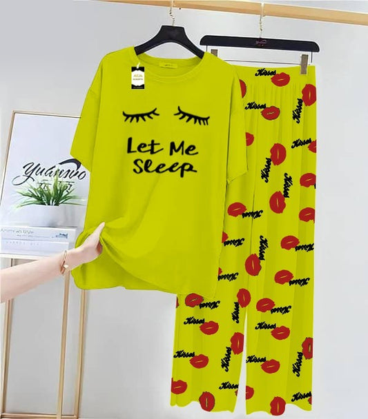 Green Let Me Sleep Printed Nightwear Set With Kiss Printed Trousers – Women's Lounge Wear (014)