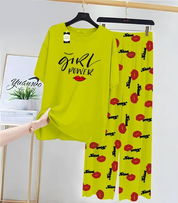 Green Girl Power Printed Nightwear Set With Kiss Printed Trousers – Women's Lounge Wear (014)
