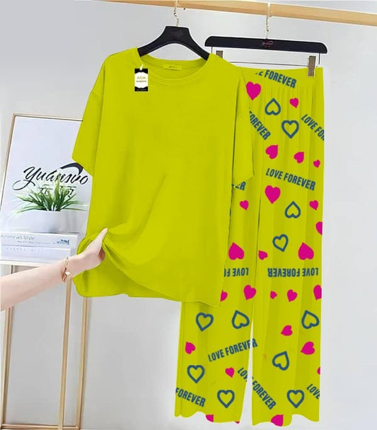 Plan Green Printed Nightwear Set With Love Forever Printed Trousers – Women's Lounge Wear (013)