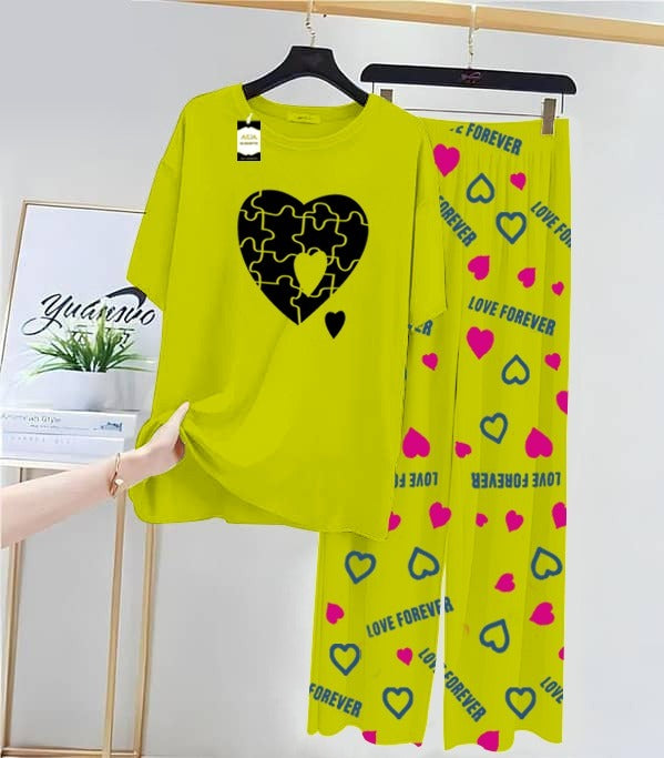 Green Puzzel Heart Printed Nightwear Set With Love Forever Printed Trousers – Women's Lounge Wear (013)
