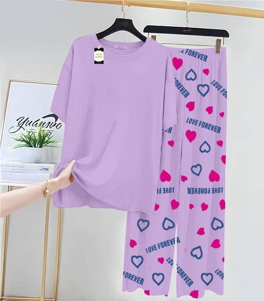 Plan pURPLE Printed Nightwear Set With Love Forever Heart Printed Trousers – Women's Lounge Wear (013)