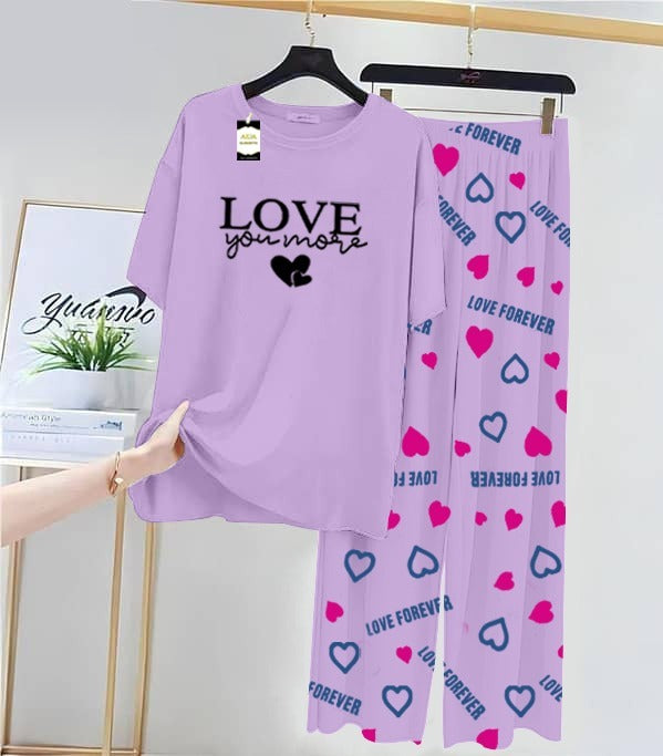 Purple Love Printed Nightwear Set With Love Forever Printed Trousers – Women's Lounge Wear (013)