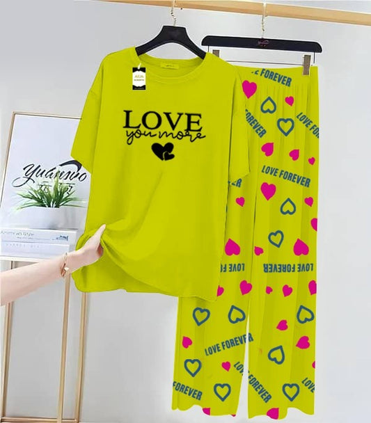 Green Love Printed Nightwear Set With Love Forever Printed Trousers – Women's Lounge Wear (013)