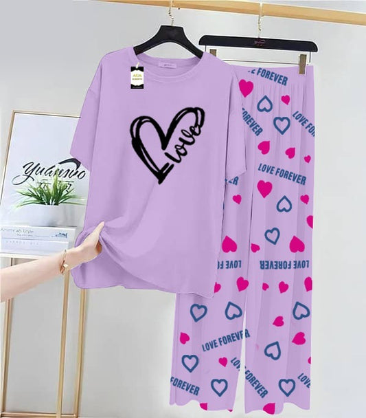 purple Love Heart Printed Nightwear Set With Love Forever Printed Trousers – Women's Lounge Wear (013)