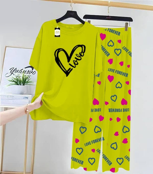 Green Love Printed Nightwear Set With Love Forever Printed Trousers – Women's Lounge Wear (013)