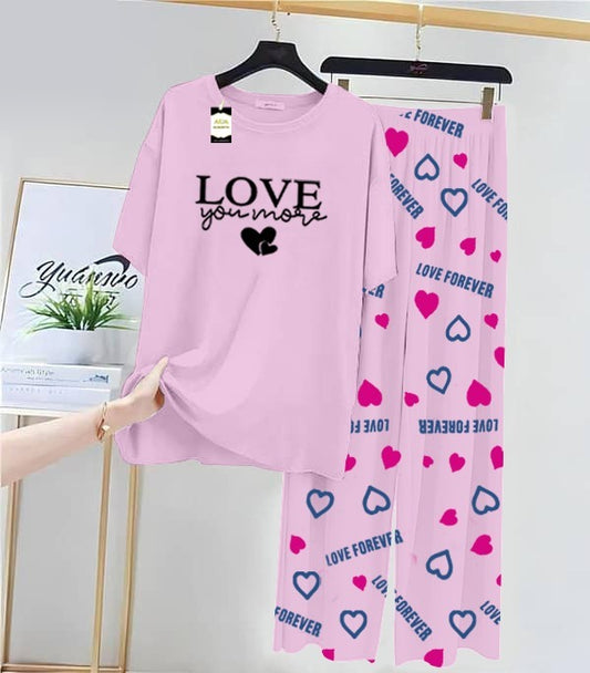 Baby Pink Love Printed Nightwear Set With Love Forever Printed Trousers – Women's Lounge Wear (013)