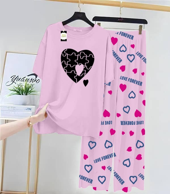 Baby Pink Puzzel Heart Printed Nightwear Set With Love Forever Printed Trousers – Women's Lounge Wear (013)