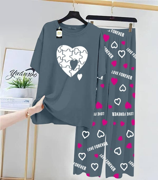 Aqua Blue Puzzel Heart Printed Nightwear Set With Love Forever Printed Trousers – Women's Lounge Wear (013)