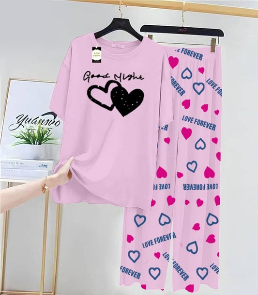 Baby pink Double Heart Printed Nightwear Set With Love Forever Printed Trousers – Women's Lounge Wear (013)