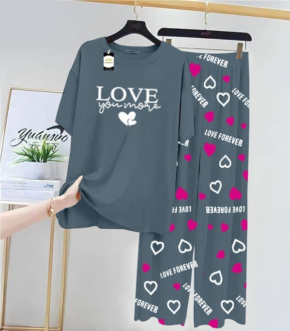 Aqua blue Love Printed Nightwear Set With Love Forever Printed Trousers – Women's Lounge Wear (013)