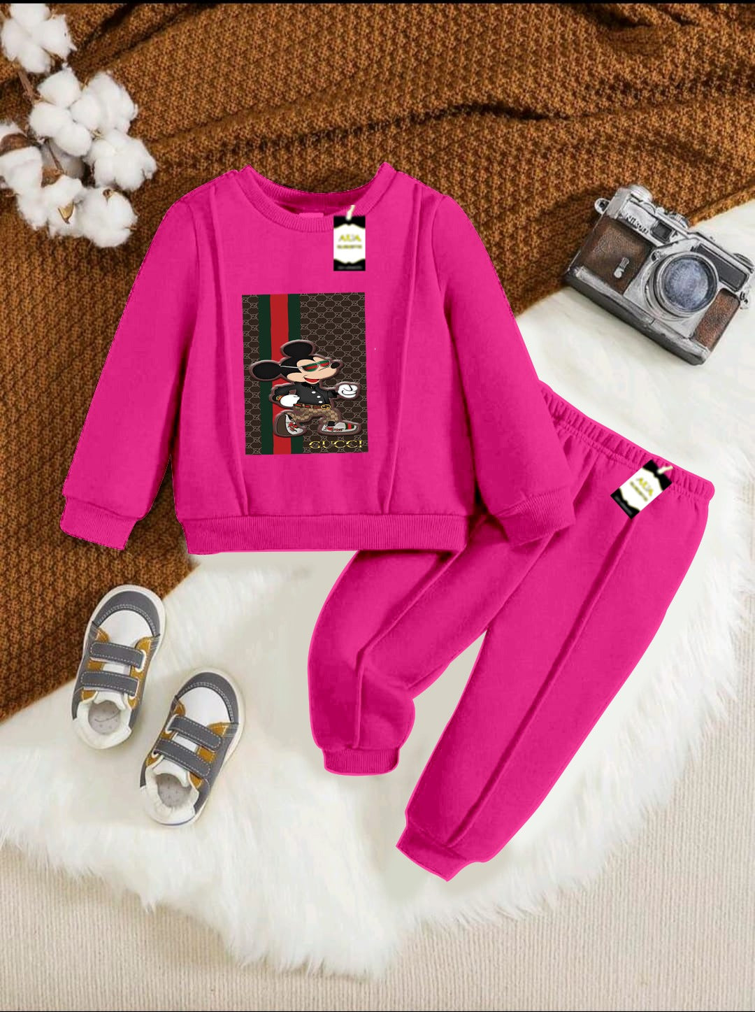 With Mix Print Sweatshirt & Trouser Set | Kids Fleece Winter Outfit For Girls (1-10 Years)Mickey Guc-ci