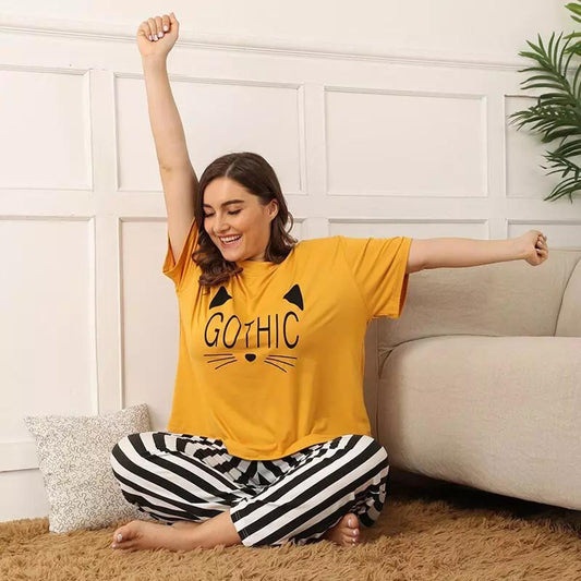 Yellow GOTHIC Printed Design Stylish Full Sleeves Round Neck Night Suit For Ladies,Girls and Women (002)