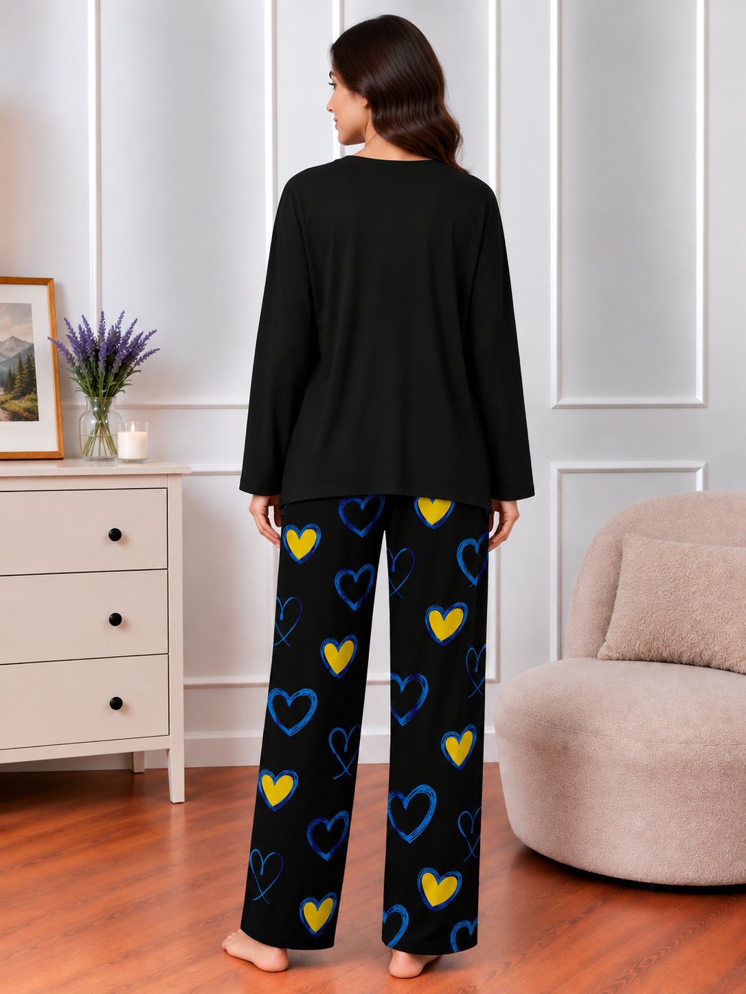 Black Color Lounge wear Nightwear Sleepwear With Mustard Heart Printed Trouser For Women By Auagarments (004)
