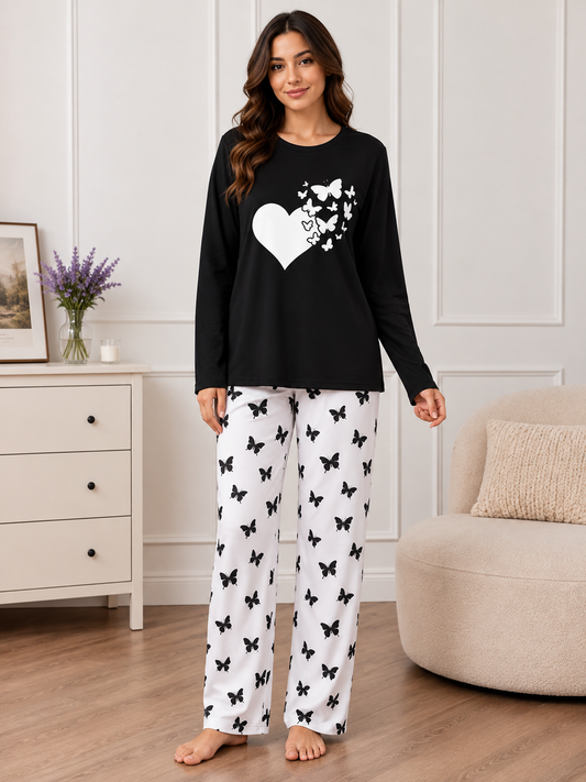 Black Flying Butterfly Heart Printed Nightwear Set with Butterfly Printed Trousers – Women's Lounge Wear (003)