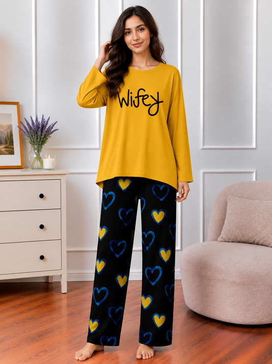 Wifey Printed Mustard Color Lounge wear Nightwear Sleepwear With Heart Prinred Trouser For Women By Auagarments (004)