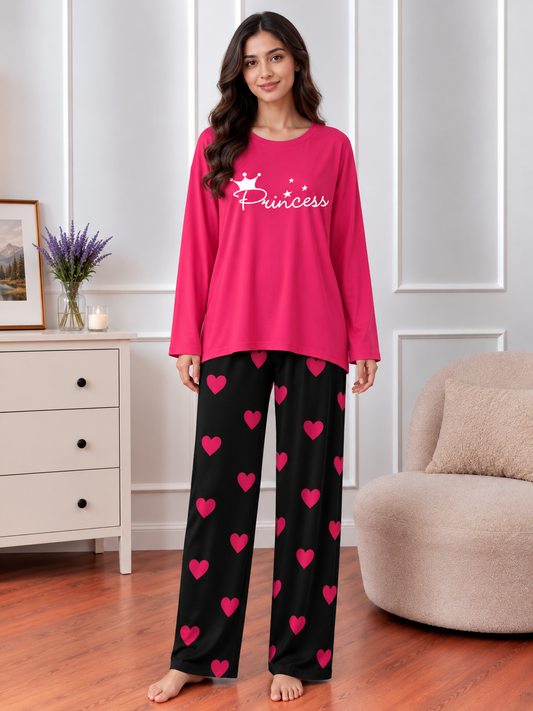 Dark Pink Princess Printed Nightwear Set with Mini Heart Printed Trousers – Women's Lounge Wear (006)