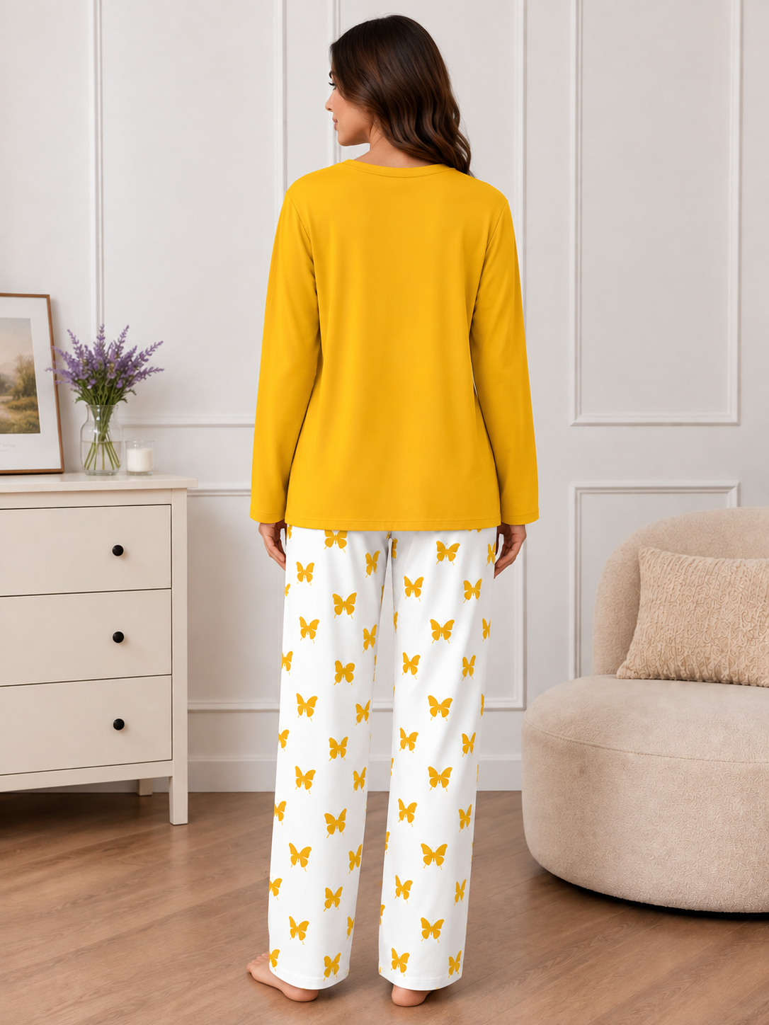 Yellow Women Heart Printed Nightwear Set with Butterfly Printed Trousers – Women's Lounge Wear (003)