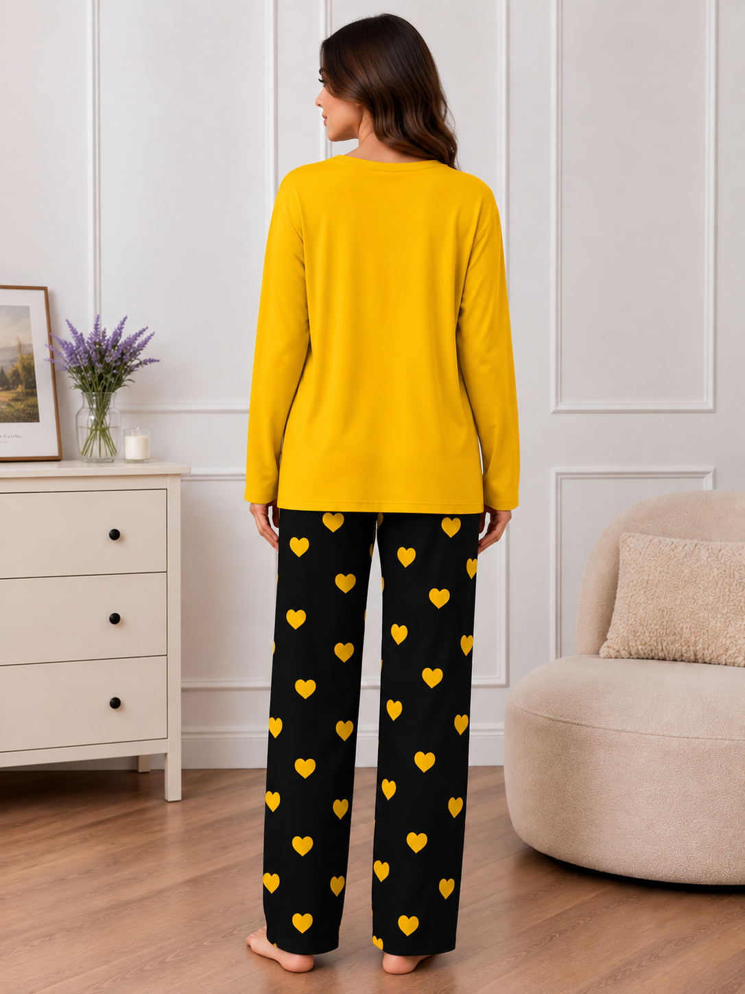 YELLOW FLYING BUTTERFLY Printed Nightwear Set with Black Mini Heart Printed Trousers – Women's Lounge Wear (006)