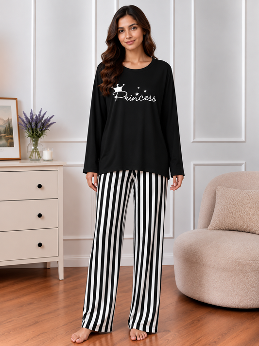 Black Color Women Princess Printed Night Suit with Luxurious Lining Pajamas - Stylish Sleepwear Set For Women By Aua garments (002)