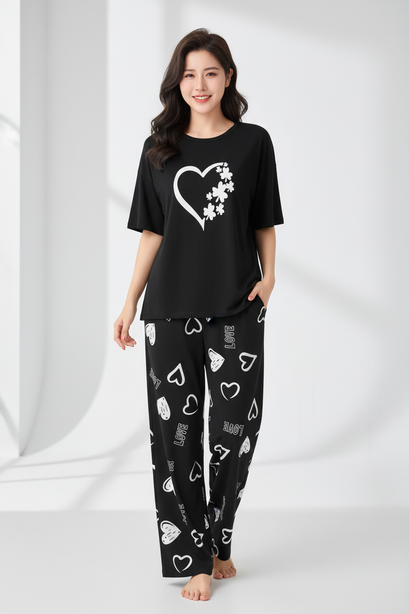 Black Heart Flowers Nightwear Suit