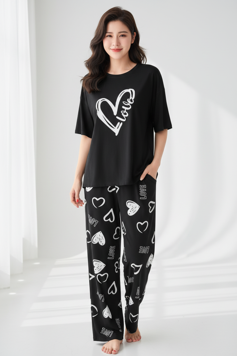Black Love Heart Nightwear Suit