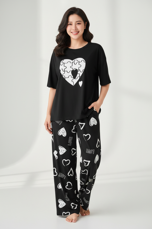 Black White Puzzle Heart Nightwear Suit