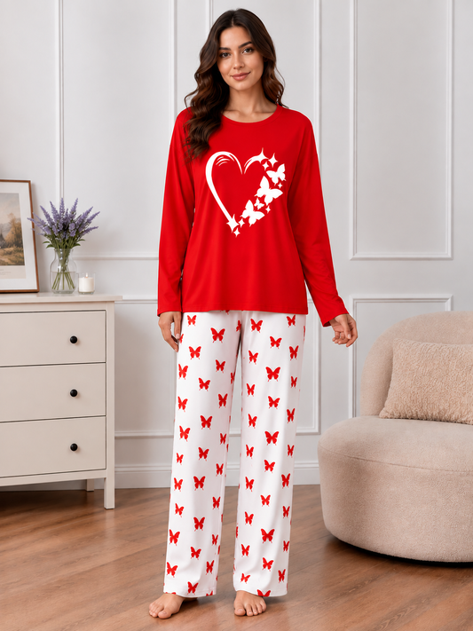 Red Women Heart Printed Nightwear Set with Butterfly Printed Trousers – Women's Lounge Wear (003)