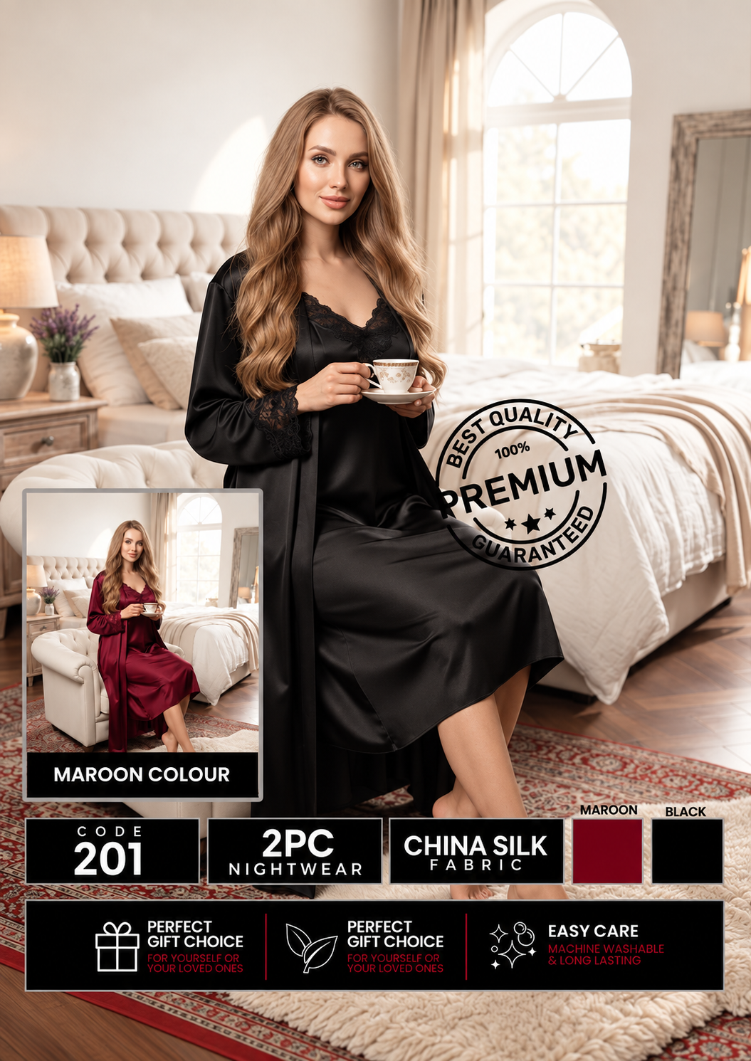 2 Piece Premium Bridal - Lace Trimmed Nightgown & Robe Nighty