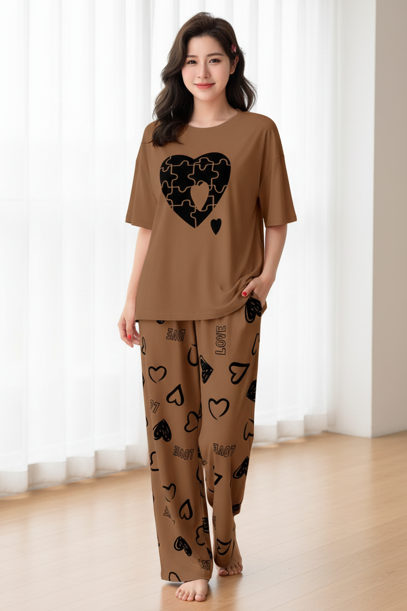 Caramel Brown Puzzle Heart Nightwear Suit