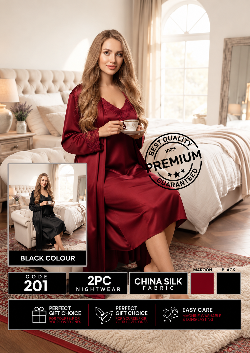 2 Piece Premium Bridal - Lace Trimmed Nightgown & Robe Nighty