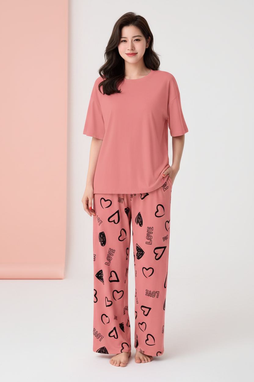 Coral Plain Nightwear Suit