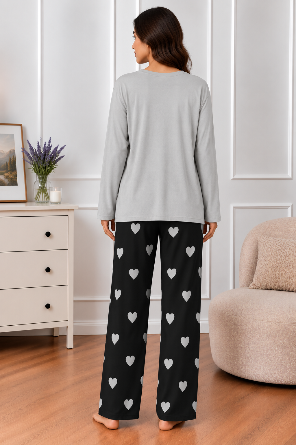 Grey Women Heart Printed Nightwear Set with Black Mini Heart Printed Trousers – Women's Lounge Wear (006)