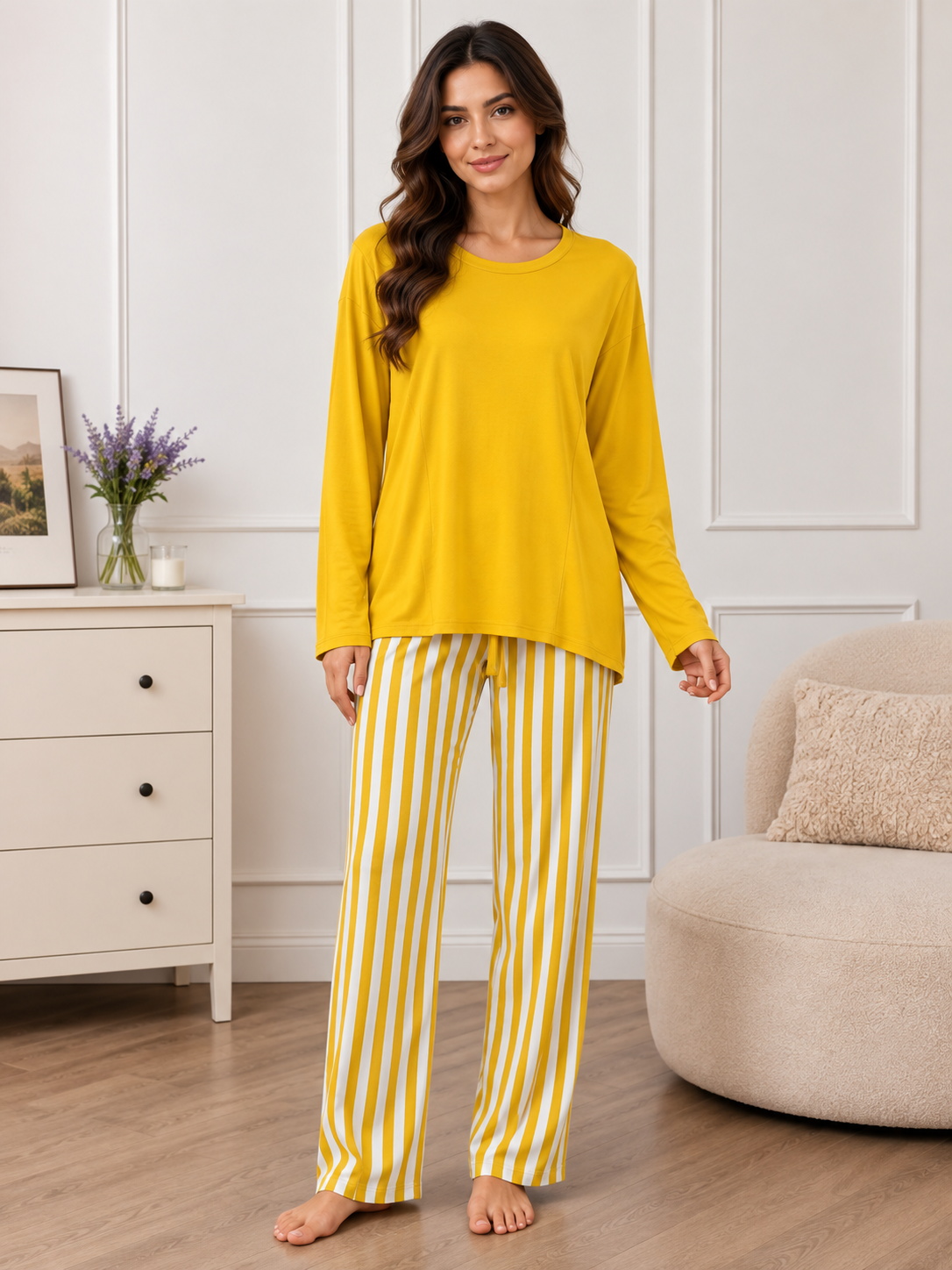 Mustard Women's Plain Lining Trouser Night Suit with Luxurious Lining Pajamas - Stylish Sleepwear Set for a Cozy Night's Rest (002)