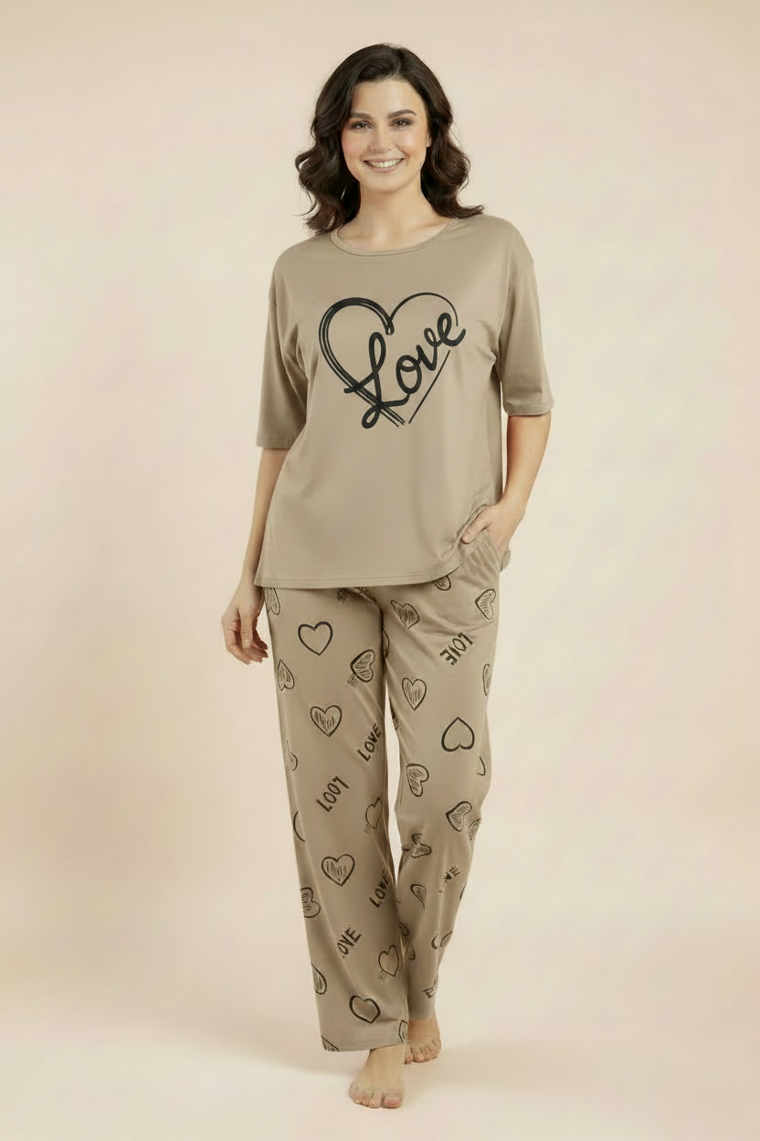 Dark Brown Love Print Nightwear Suit
