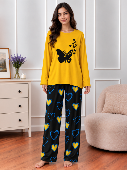 Butterfly Printed Mustard Color Heart Printed Trouser Lounge wear Nightwear Sleepwear With Heart Prinred Trouser For Women By Auagarments (004)