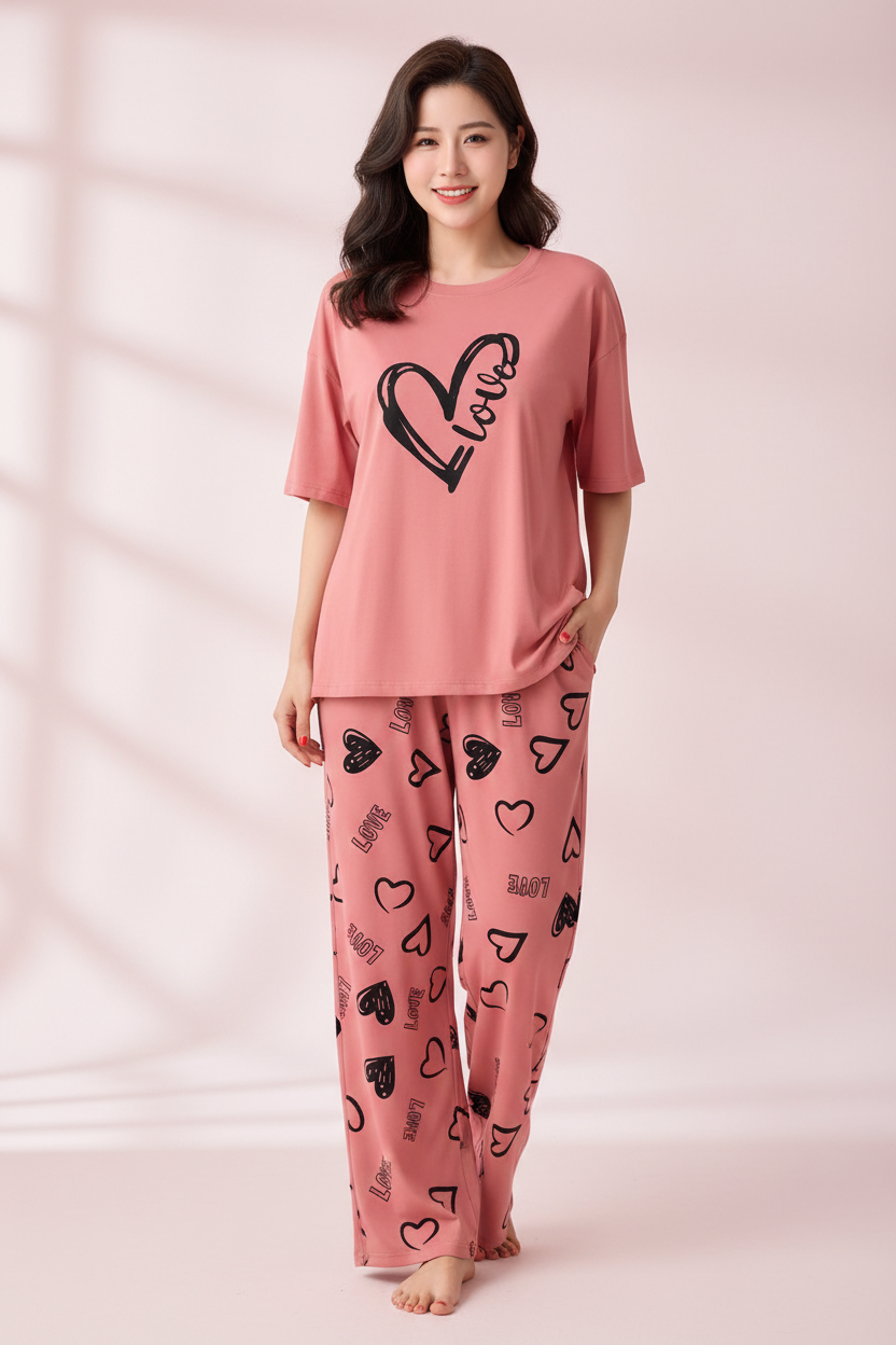 Dusty Pink Love Heart Nightwear Suit