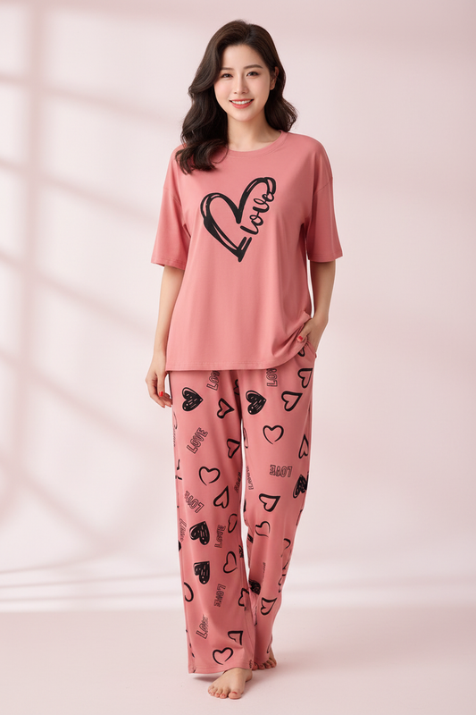 Dusty Pink Love Heart Nightwear Suit