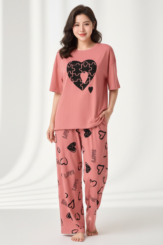 Dusty Rose Puzzle Heart Nightwear Suit