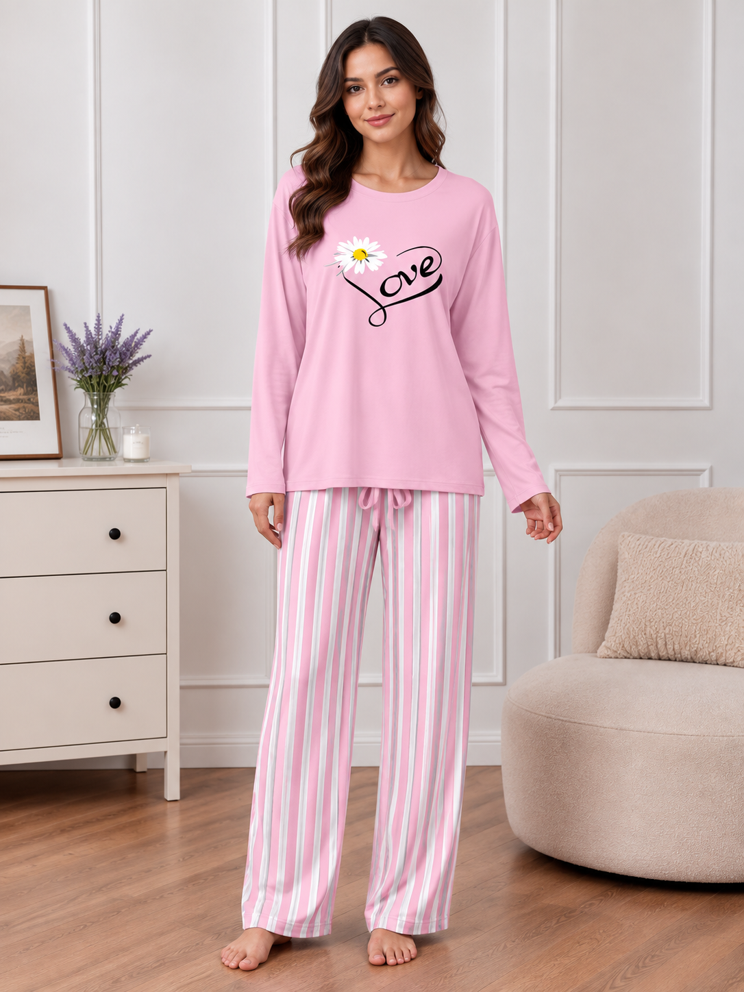 Baby Pink Women's Printed Night Suit with Luxurious Lining Pajamas - Stylish Sleepwear Set for a Cozy Night's Rest (002)