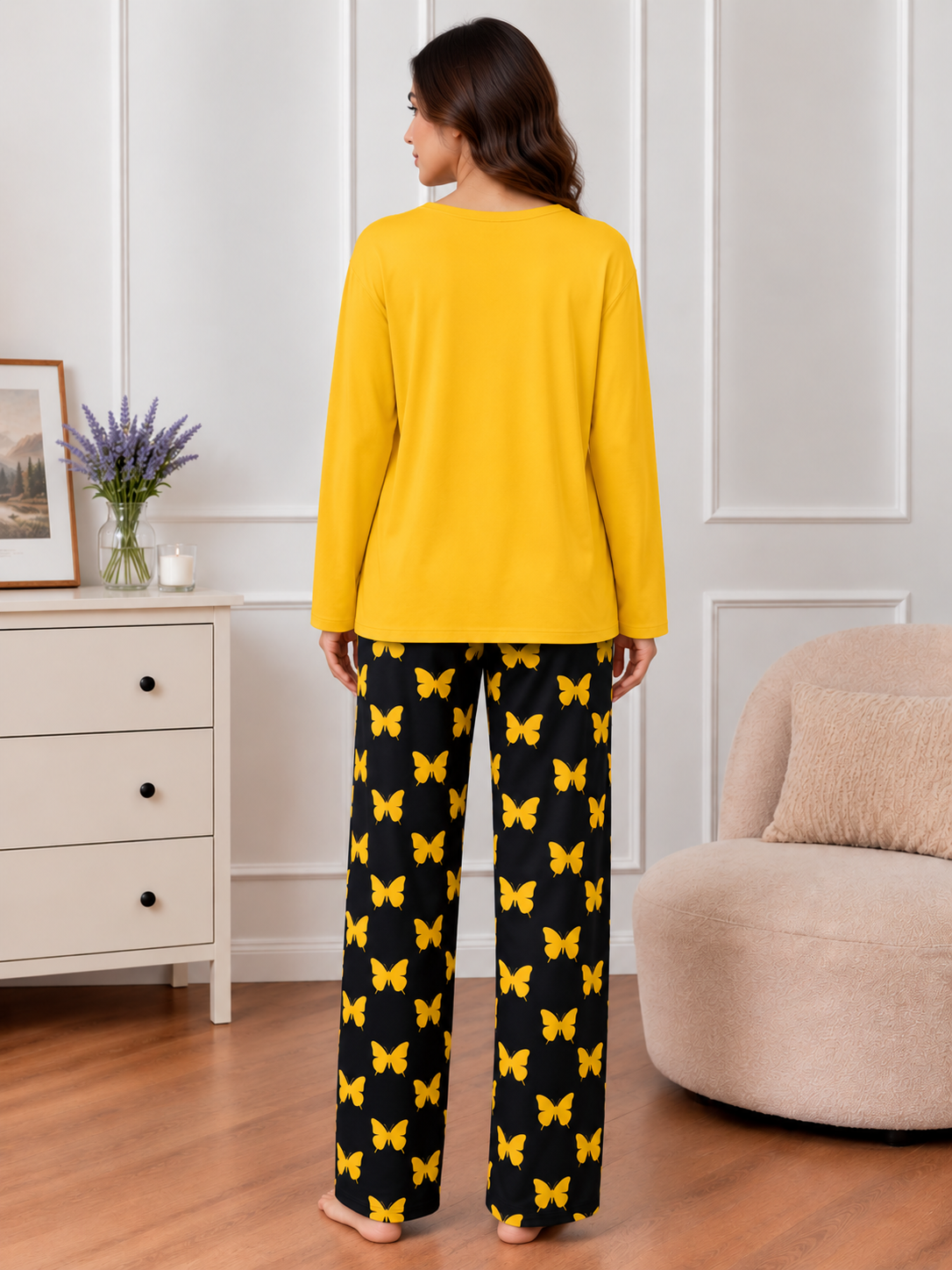 Yellow flying butterfly  Printed Nightwear Set With Black Butterfly Printed Trousers – Women's Lounge Wear (007)