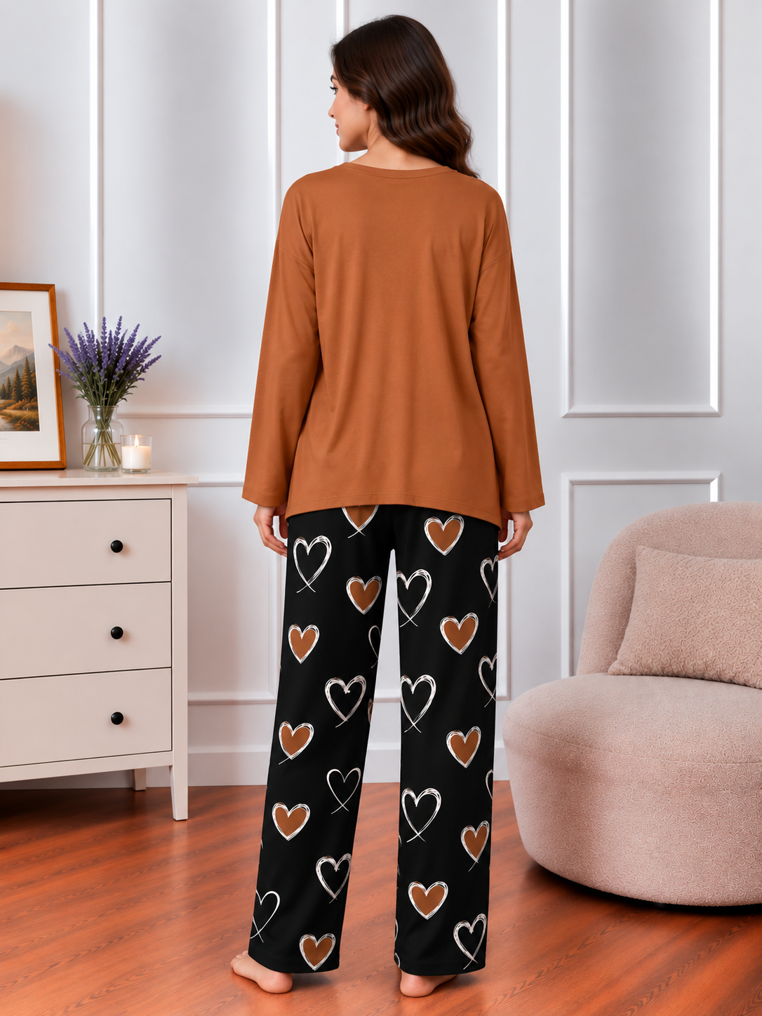 Plain Beige Color Lounge wear Heart Printed Trouser  Nightwear Sleepwear With Heart Prinred Trouser For Women By Auagarments (004)