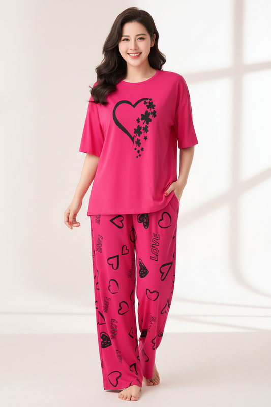 Hot Pink Heart Flowers Nightwear Suit