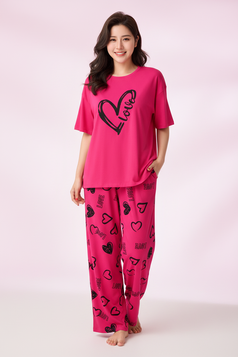 Hot Pink Love Heart Nightwear Suit