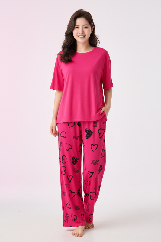 Hot Pink Plain Nightwear Suit